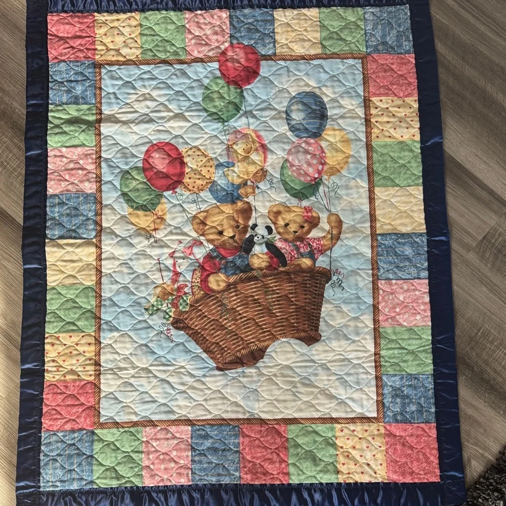 Blue Jean Teddy Bear baby quilt handmade blanket balloon ride vintage nursery